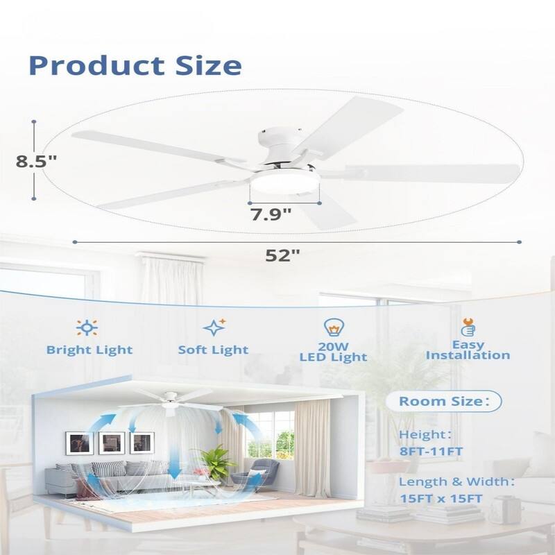 20W Dimmable LED Ceiling Fan with Light, App & Remote Control, Flush Mount Low Profile, Quiet Reversible Motor for Bedroom