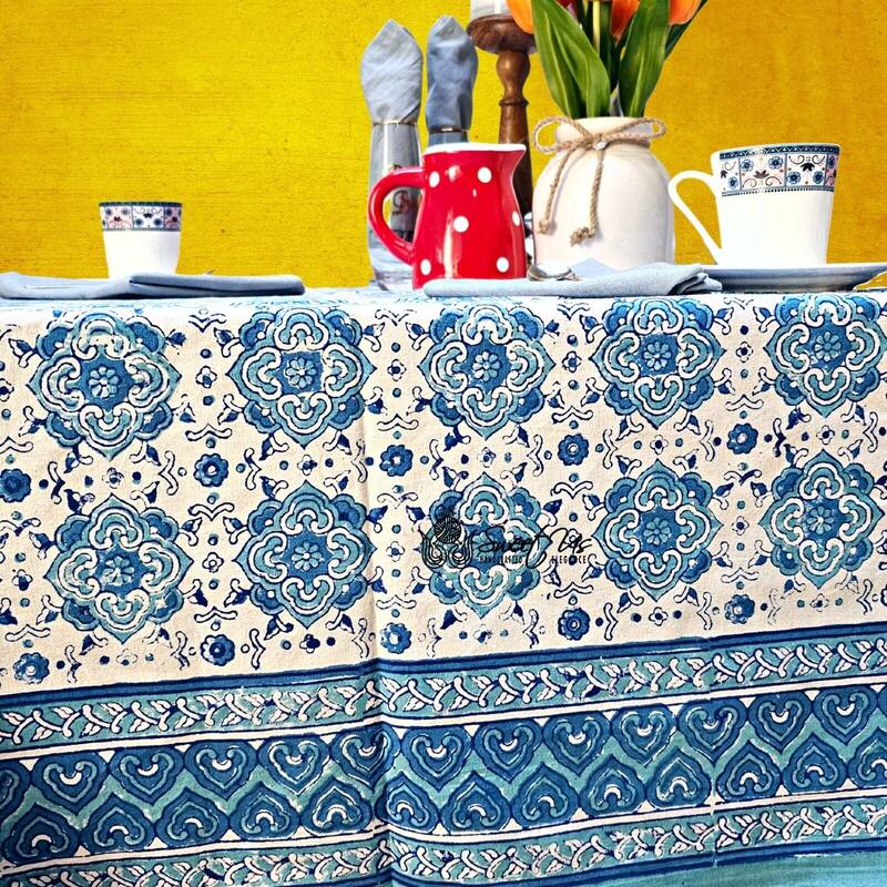 Cotton Springtime Splendor Tablecloth Collection, Ice Blue