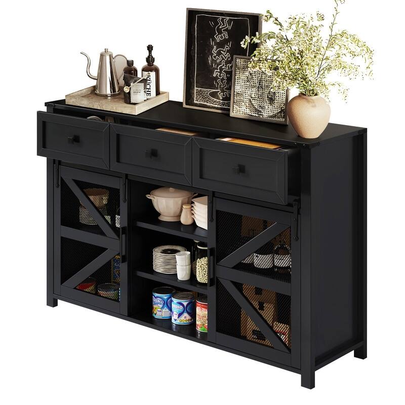 Farmhouse 55" Sideboard with 2 Sliding Barn Doors and 3 Drawers for Stylish Home Storage Solution