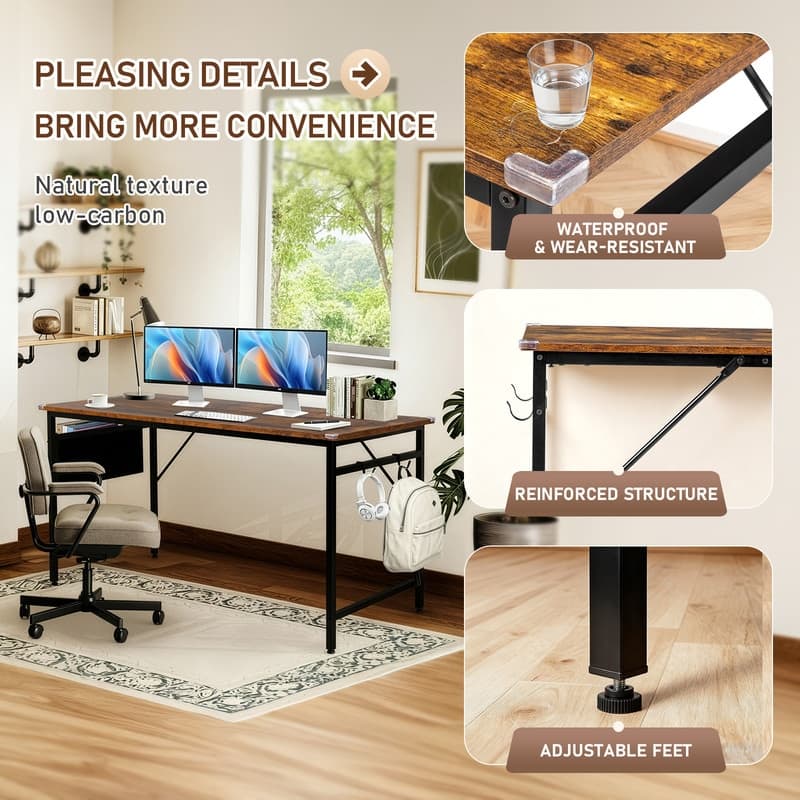 63” Computer Desk for Home Office ,Study Writing Desk with Storage, Side Hooks & Adjustable Feet