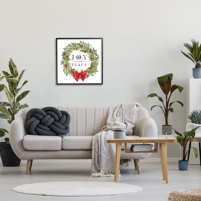 Stupell Joy and Peace Holiday Phrase Winter Pine Wreath Framed Wall Art - Green