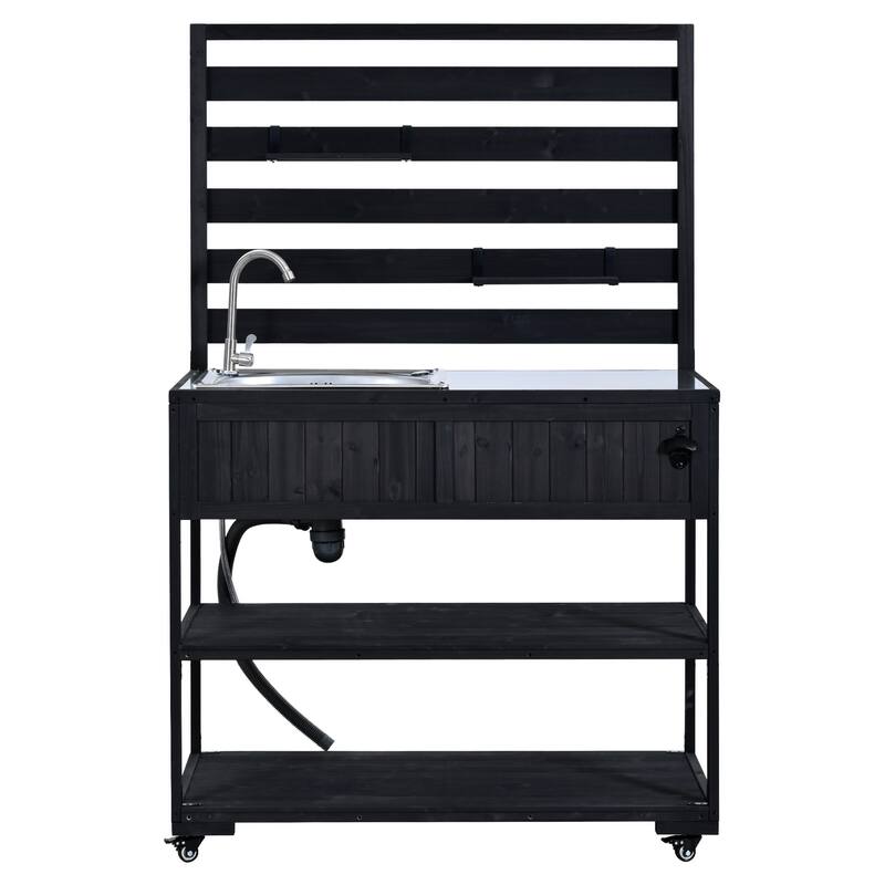 Roomfitters 41.7" Garden Potting Bench with Sink, Rolling Outdoor Potting Table, Bottle Opener, Storage Shelves, Hutch