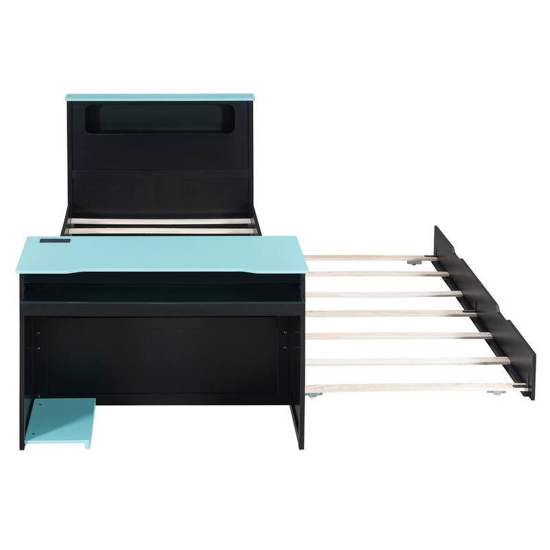 Wood Daybed with Trundle & Built-in Desk, LED Lights & USB Charging Port, Available in Full or Twin