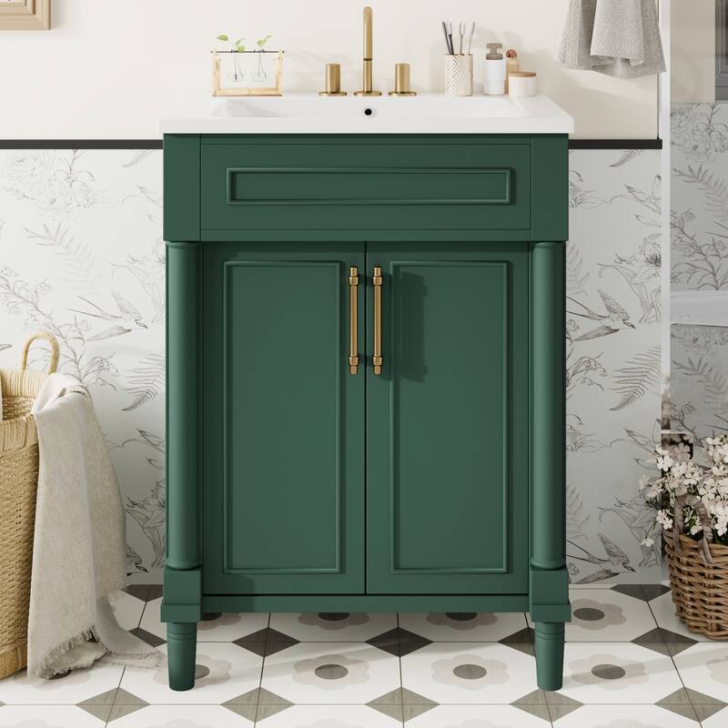 24" Bathroom Vanity with Integrated Ceramic Sink, Bathroom Cabinet with 2 Doors, Single Sink Bathroom Vanity - Green