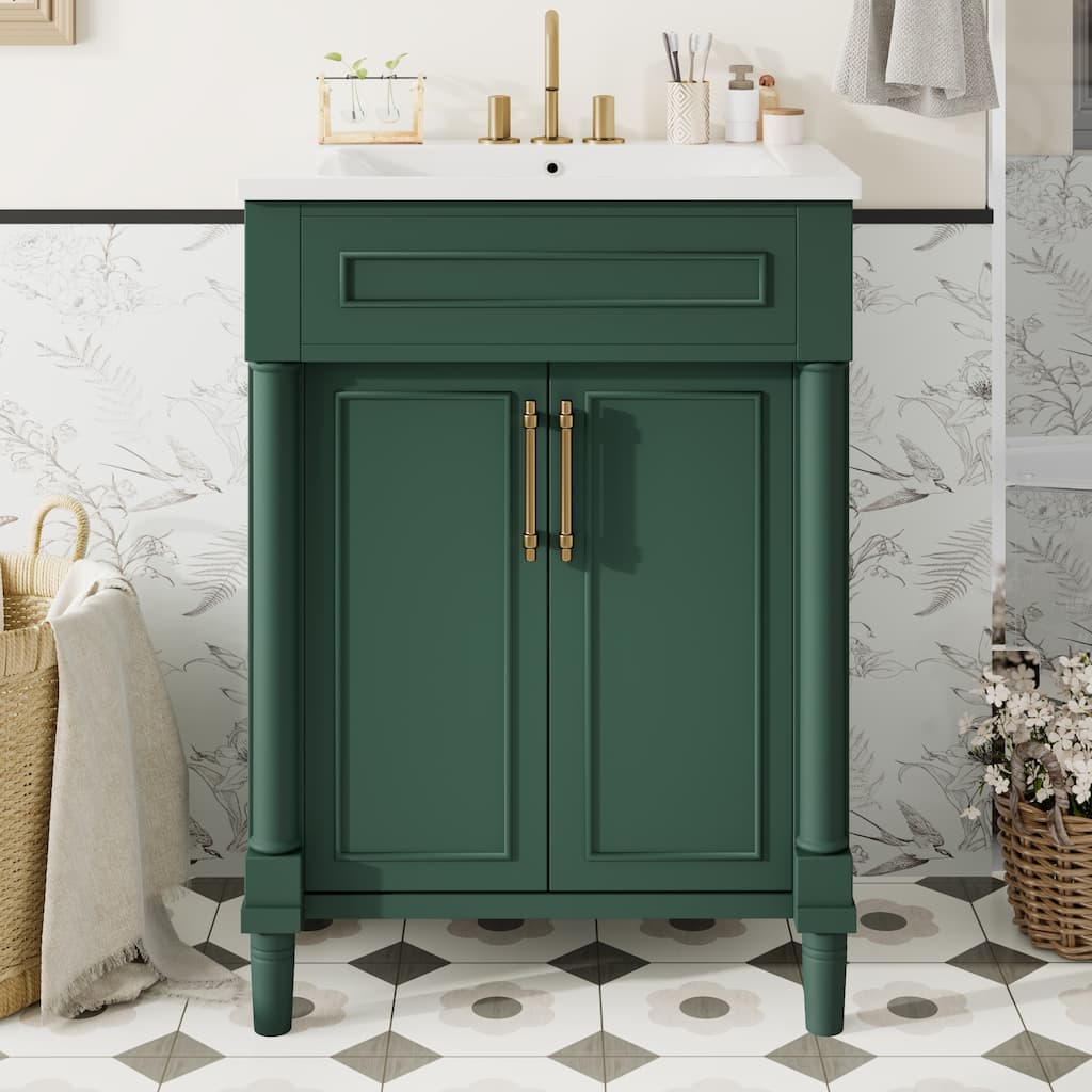 24" Bathroom Vanity with Integrated Ceramic Sink, Bathroom Cabinet with 2 Doors, Single Sink Bathroom Vanity