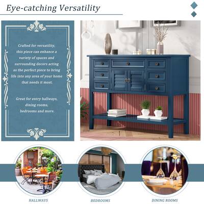Modern 44.5" Console Table with 7 Drawers & Storage Cabinet, Sofa Table Accent Tables Entryway Table for Hallway, Navy Blue