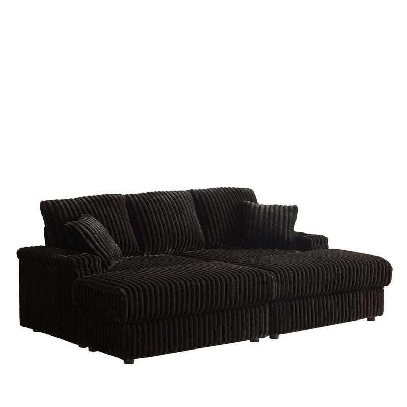 Deep Seat Sectional Loveseat Set with 2 Ottoman and 2 Pillows, Corduroy Chaise Lounge Bed with 2 Storage Spaces and Cupholding