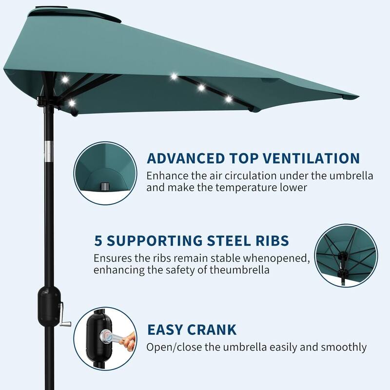 9ft Outdoor Patio Half Umbrella, with Solar LED Lights and Smooth Crank Lift