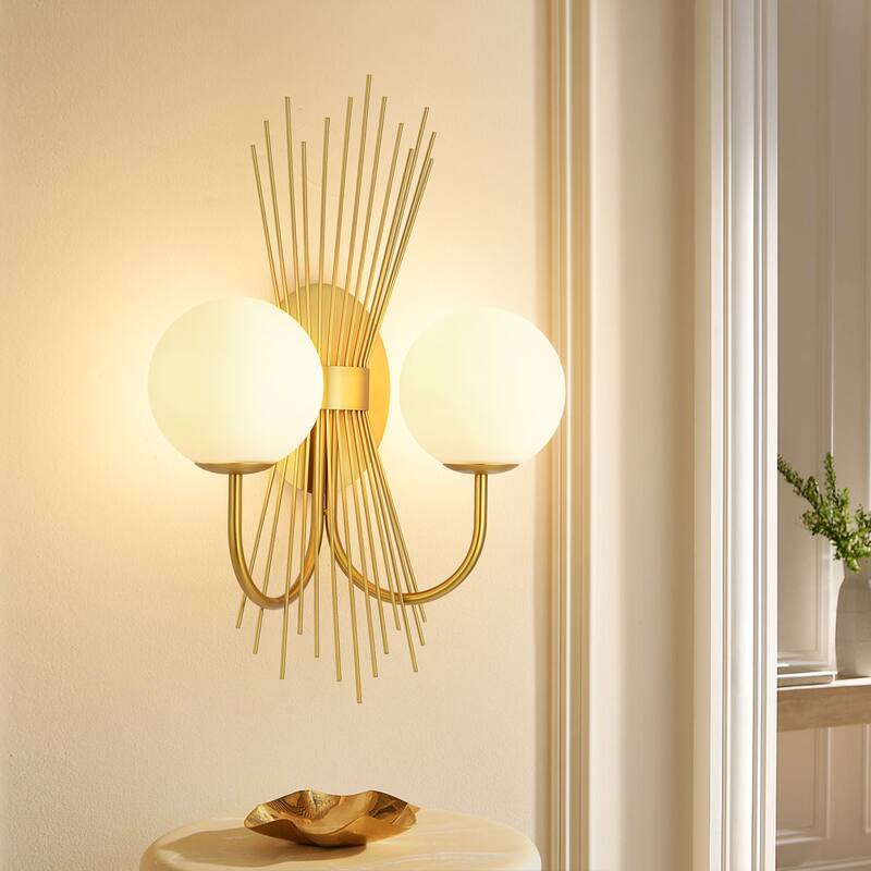 18.9" W 2-Light Mid-Century Modern Brushed Gold Sunburst Sputnik Wall Sconce with Milk Glass Globes