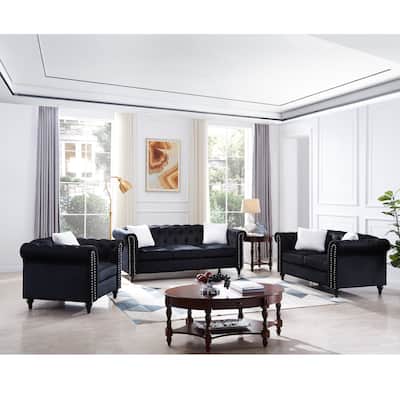 3 Piece Living Room Sofa 3-Seater Sofa, Loveseat and Sofa Chair with Button and Copper Nail , 5 Villose Pillow, Black
