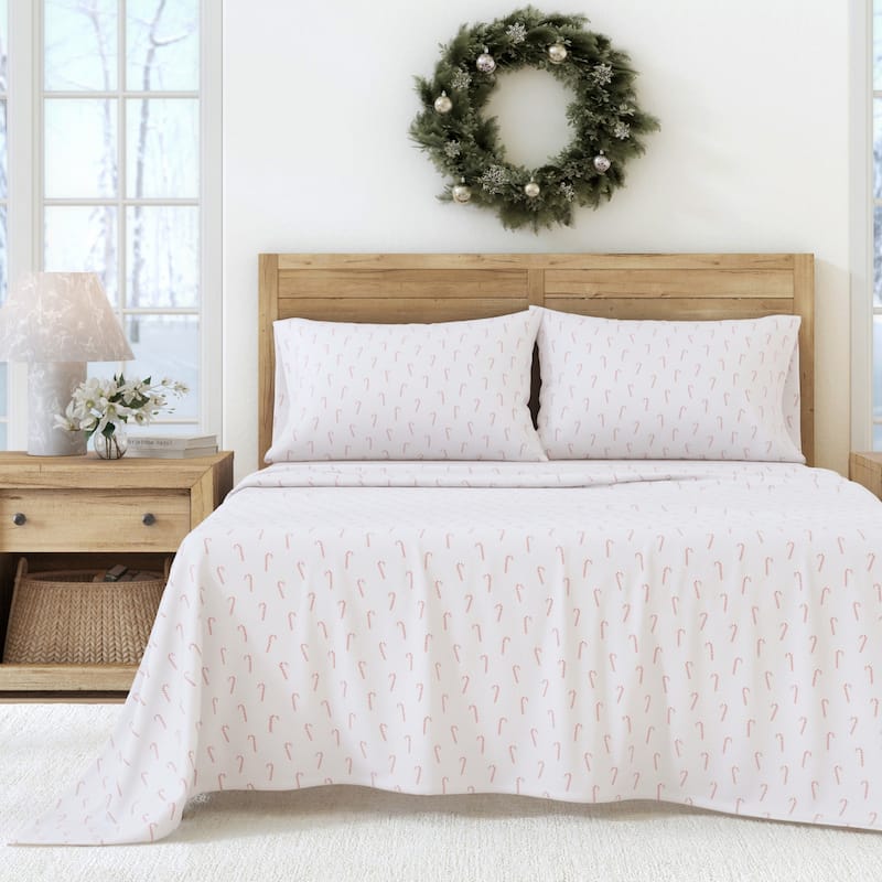 Linery & Co. Turkish Cotton Double-Brushed Christmas Flannel Bed Sheet Set - Full - Candy Canes