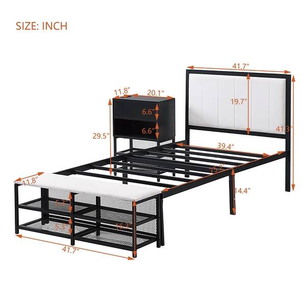 dimension image slide 1 of 4, Metal Platform Bed Frame with Storage Cabinet and Cushioned Footrest