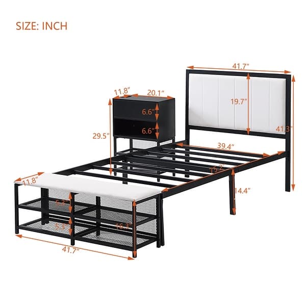 dimension image slide 0 of 2, Twin size Metal Platform Bed with Two-Tier Storage Shelves, Wooden Storage Cabinet
