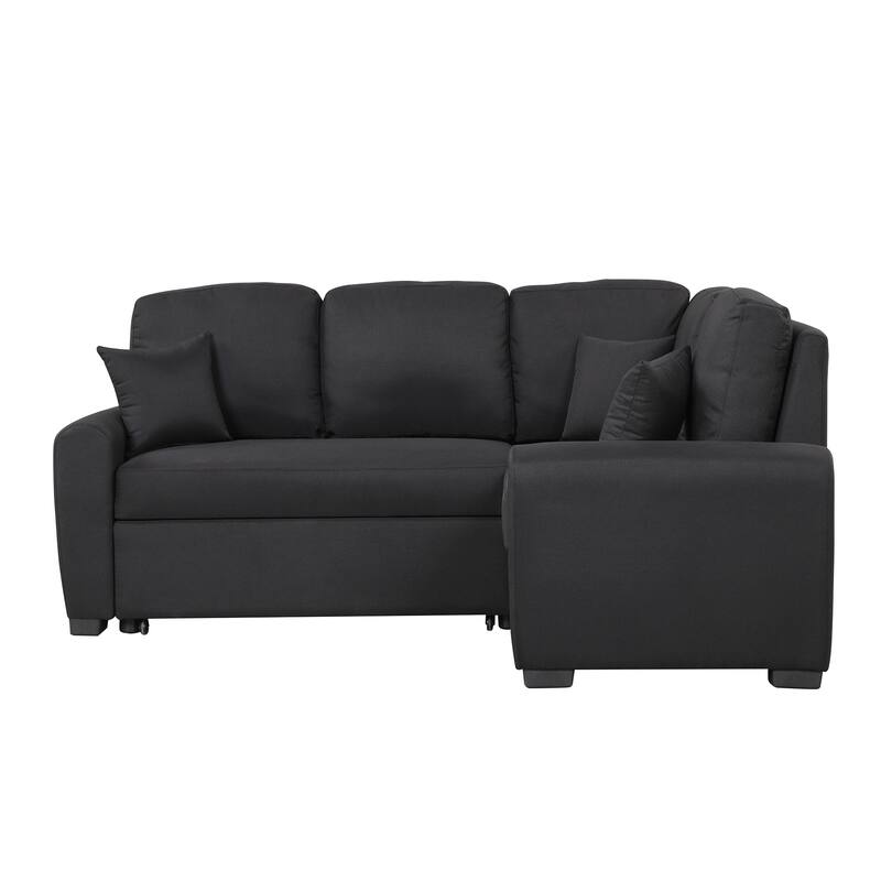 Black Linen Sectional Sofa Pullout Sofa Bed with USB Port & Pillows