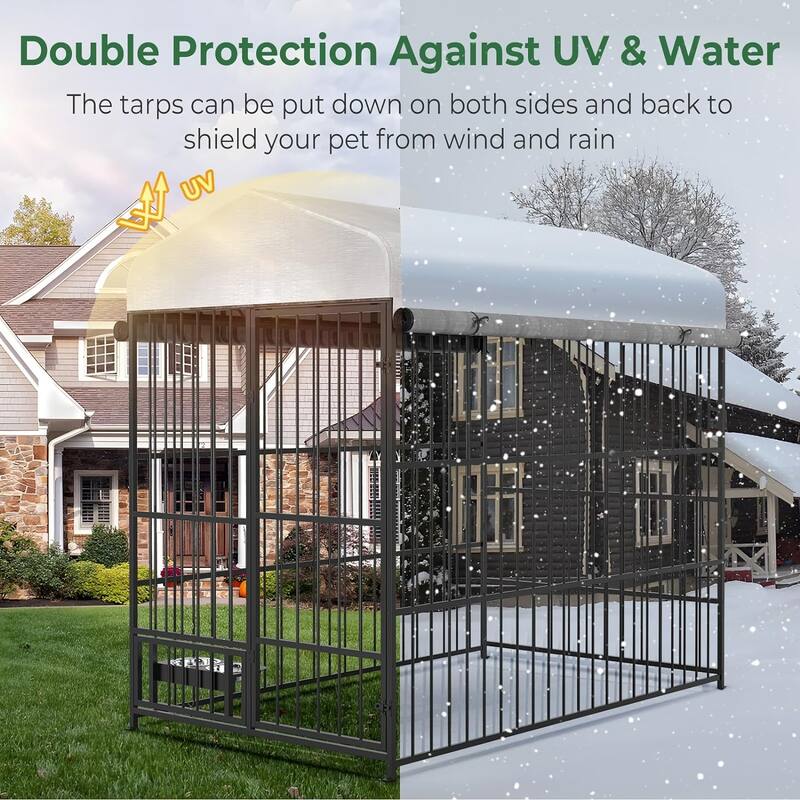 Large Outdoor Dog Kennel with Bowls and 360° Rotating Feeding Door, 6.6×3.9×5.9FT