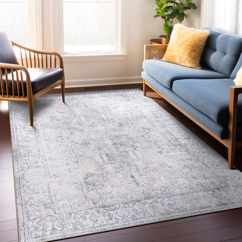 World Rug Gallery Vintage Inspired Distressed Machine Washable Area Rug - 6' 6" x 9' - Blue - Rectangle