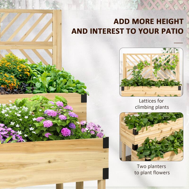 Outsunny Raised Garden Bed with Trellis, 2 Tier Wooden Elevated Planter Box with Legs and Metal Corners