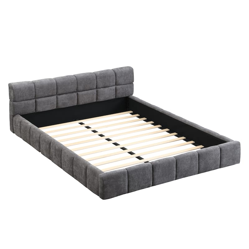 Elegant Chenille Upholstered Bed with Checkerboard Design, King/Queen Size Platform Frame
