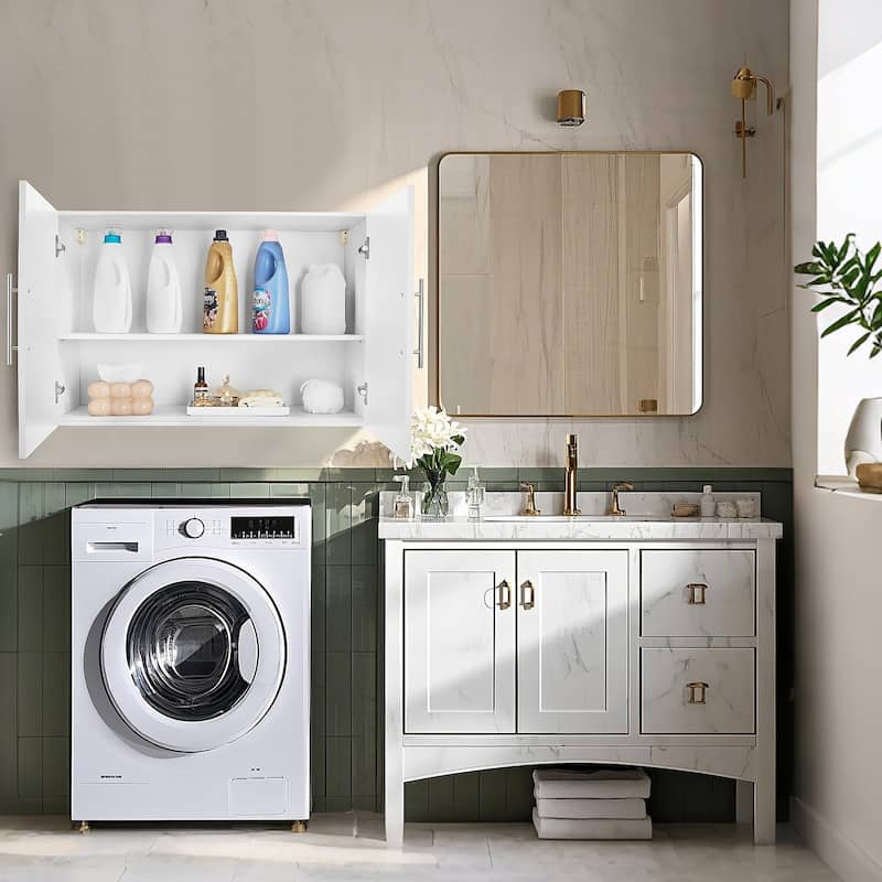 White Wall Cabinet with Adjustable Shelves and 2-Door Laundry Room Storage for Bathroom or Kitchen - 16" x 36" x 24"
