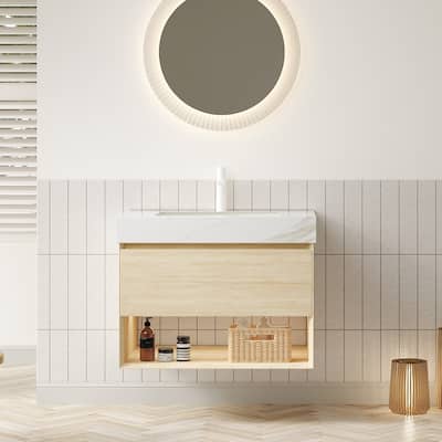 30" Bathroom Vanity&Sink,Plywood Storage Cabinet,Drawer&Shelf with Sensor Light,Ceramic Undermount Basin&Stone Top