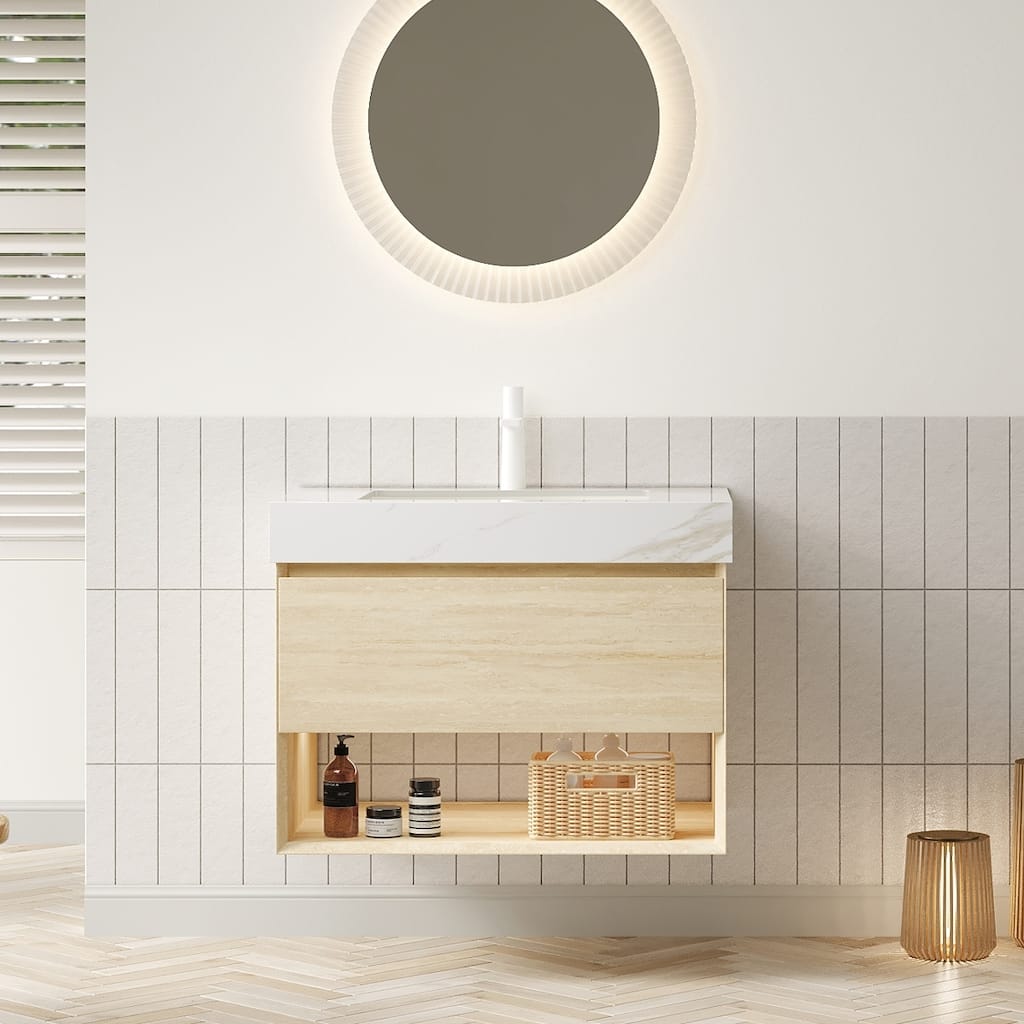 30" Bathroom Vanity&Sink,Plywood Storage Cabinet,Drawer&Shelf with Sensor Light,Ceramic Undermount Basin&Stone Top