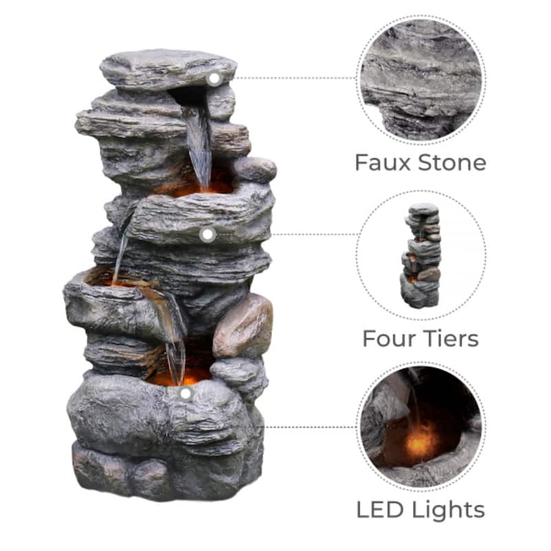 Teamson Home - 40" 3 Tier Rock Water Fountain, LED Light - 18.11" L x 12.99" W x 39.37" H
