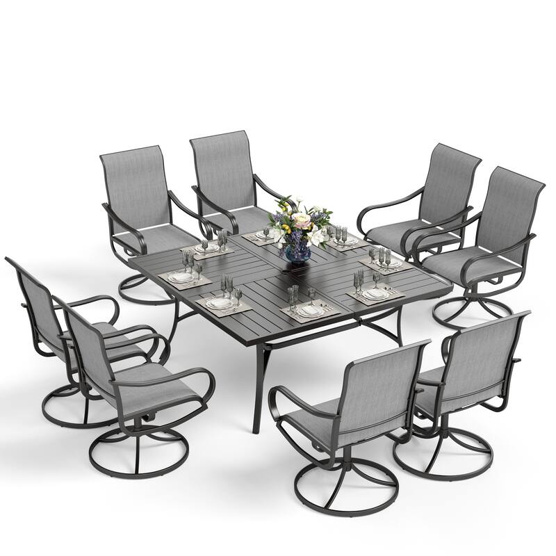 MAISON ARTS 9 Pieces Patio Dining Set, 60 Inch Square Metal Table and Sling Dining Chairs