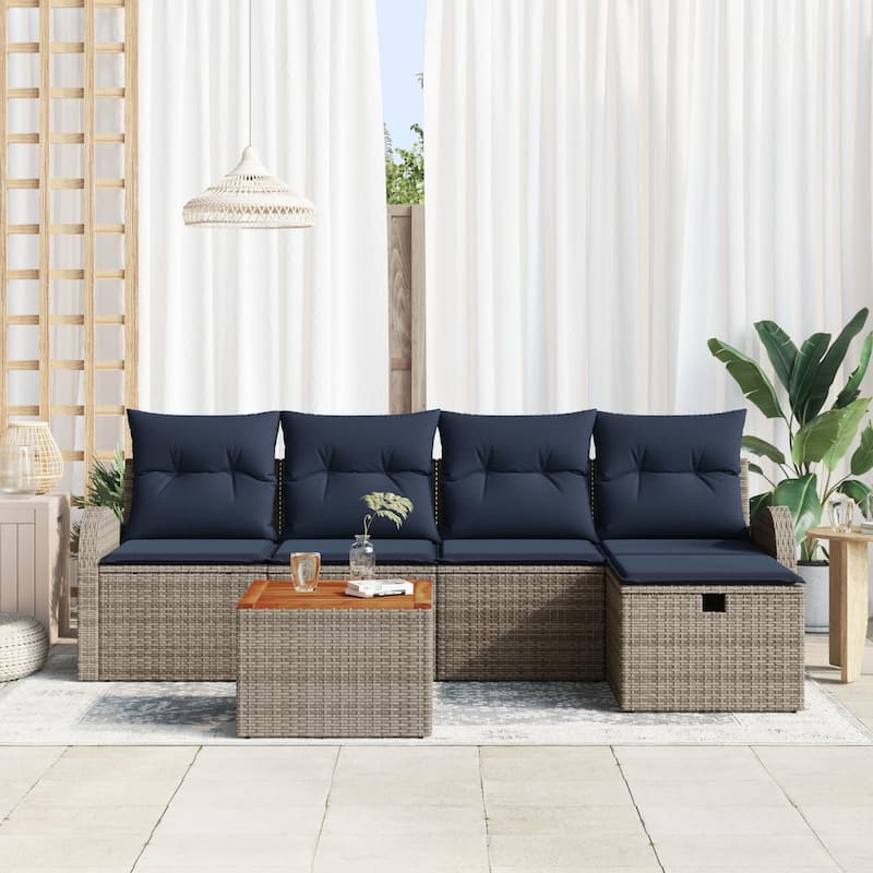 vidaXL 6 Garden Sofa Set with Cushions Black/Grey Poly Rattan - 92.1 x 46.1 x 27.2