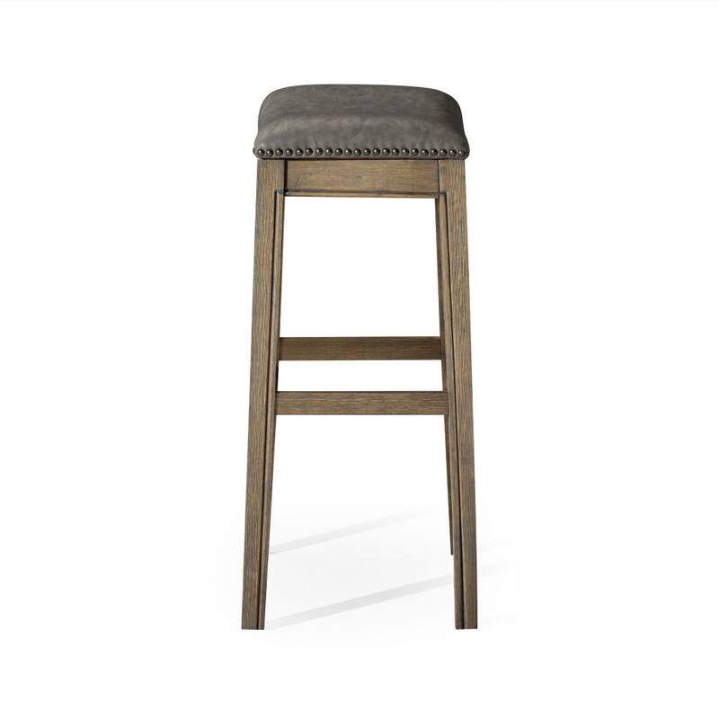 HomeRoots 31" Stone and Oak Faux Leather and Solid Wood Backless Bar Height Bar Chair