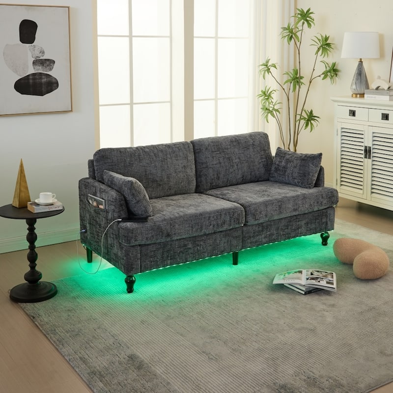 Modern Chenille 2-Seater Wood-Legged Sofa with LED light, USB Charging Port and Storage Bag