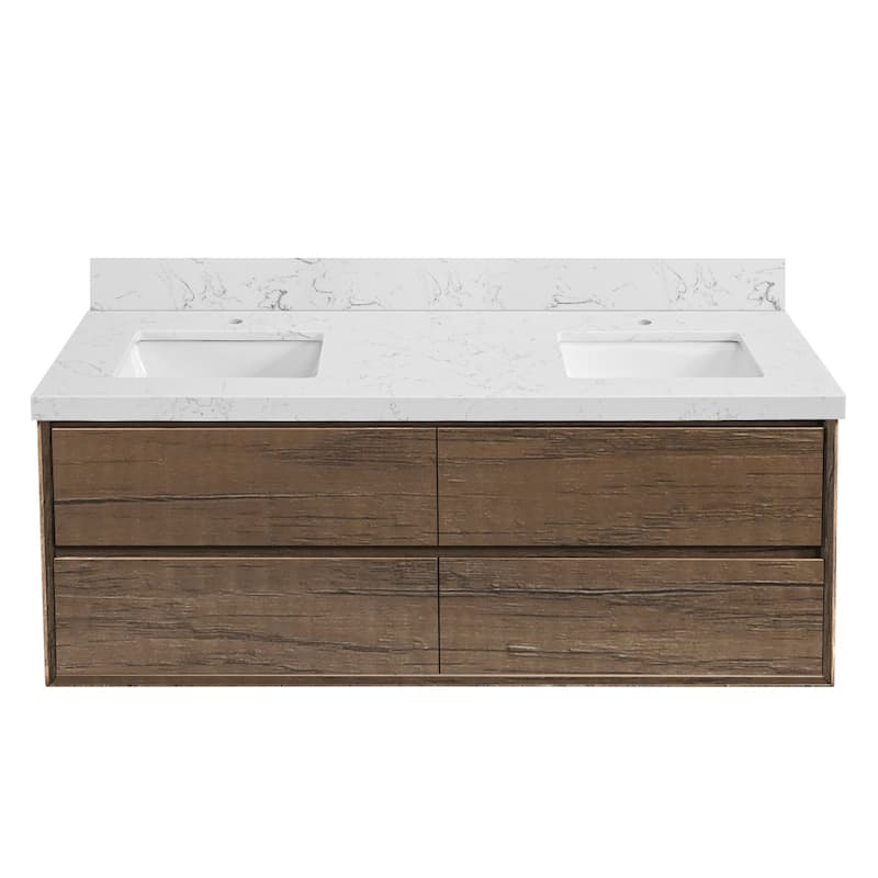 24"30"36"48"60"72" Floating Bathroom Vanity Engineered Stone Top with Rectangular Ceramic Undermount Sink - 60” - Antique Oak