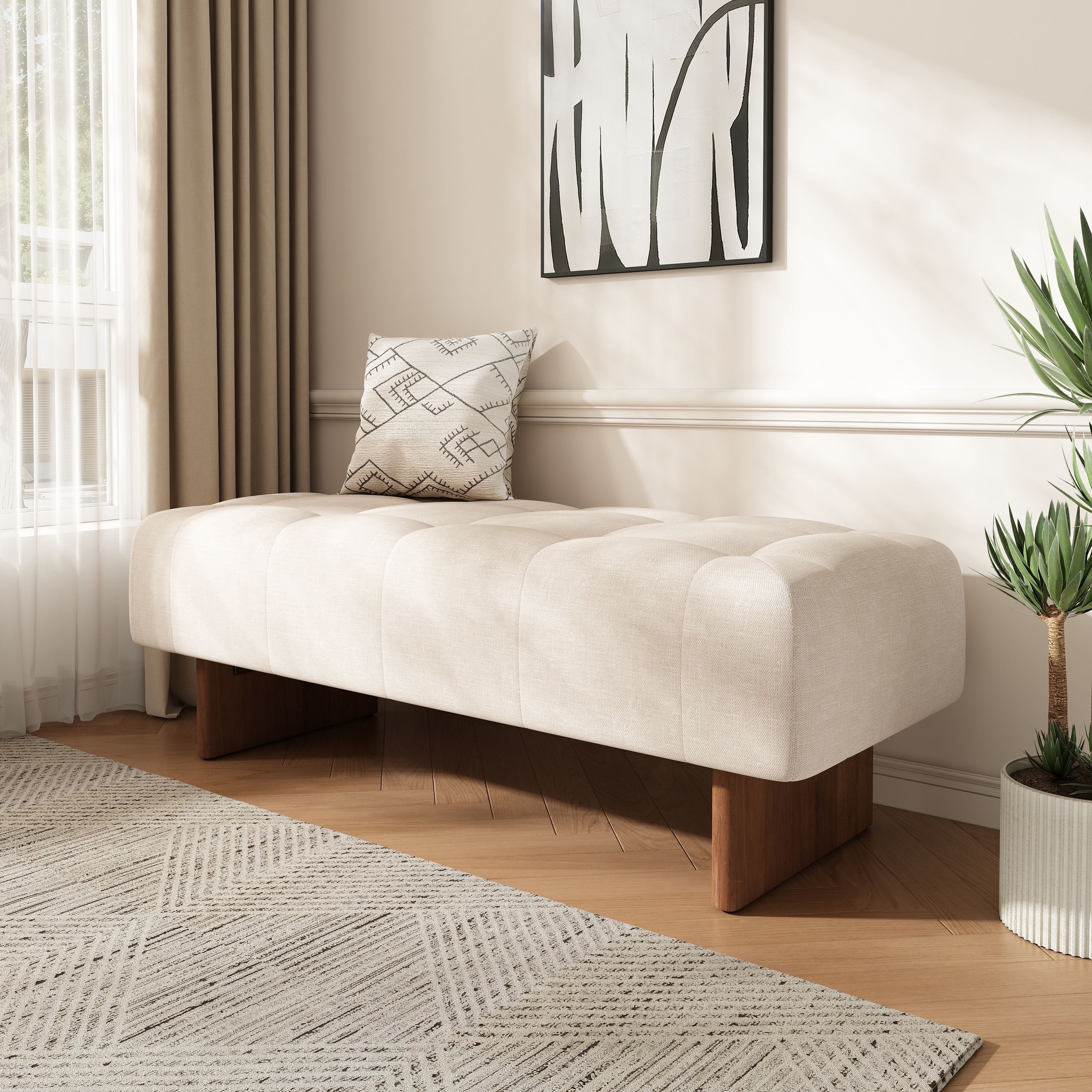 Rectangular Upholstered Tufted Linen Fabric Ottoman Bench, Solid Wood Legs, Beige