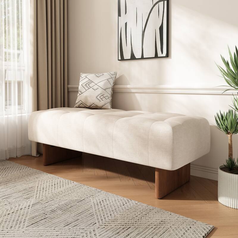 Tufted Linen Rectangular Ottoman Bench with Solid Wood Legs - Beige Elegant Seat