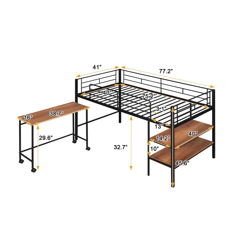 Twin Size Metal Loft Bed with Desk and Shelves in Black