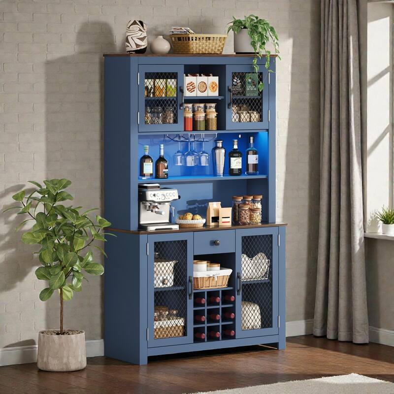 Rustic 70.9" Kitchen Hutch Pantry with LED Lights, AC/USB Outlets, Wine Bottle Rack, Glass Storage and Adjustable Shelves