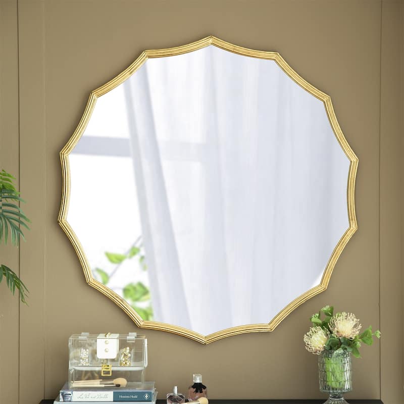 Round Sunburst Wall Mirror with Gold Finish - Gold