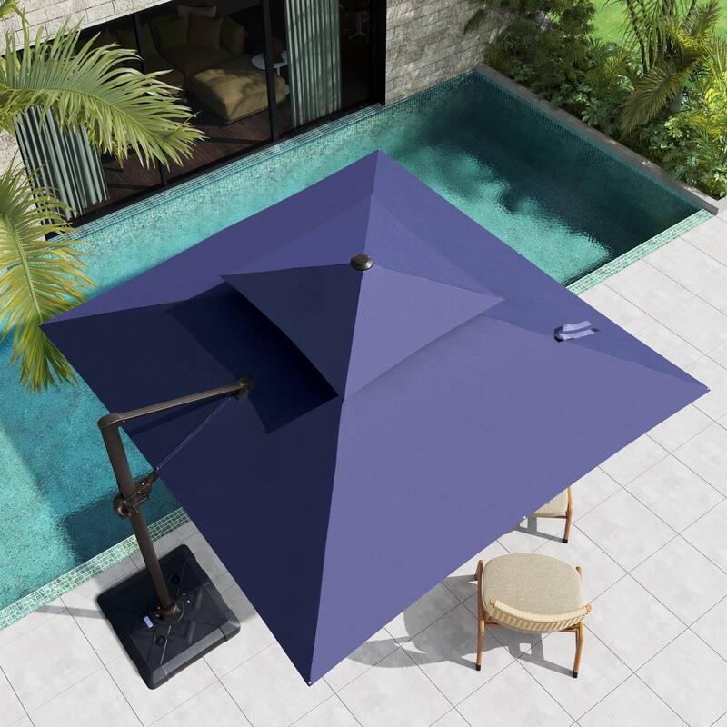 VredHom Double Top Square Patio Cantilever Umbrella with Cross Stand - Navy Blue