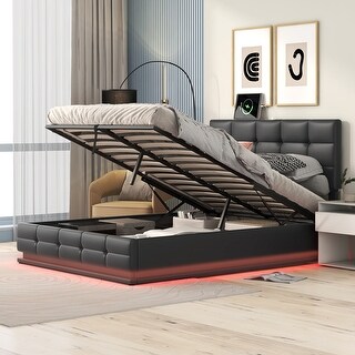 Full Size Tufted Upholstered Platform Bed with Hydraulic Storage System,PU Storage Bed with LED Lights and USB charger