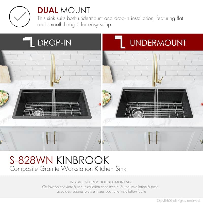 Dual mount 28 inch Black Composite Granite Single Bowl Workstation Kitchen Sink