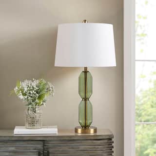 Faceted Glass Table Lamp with White Fabric Shade and Gold Base