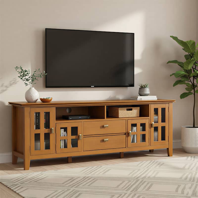 WYNDENHALL Stratford SOLID WOOD 72" Wide TV Media Stand For TVs up to 80" - Honey Brown