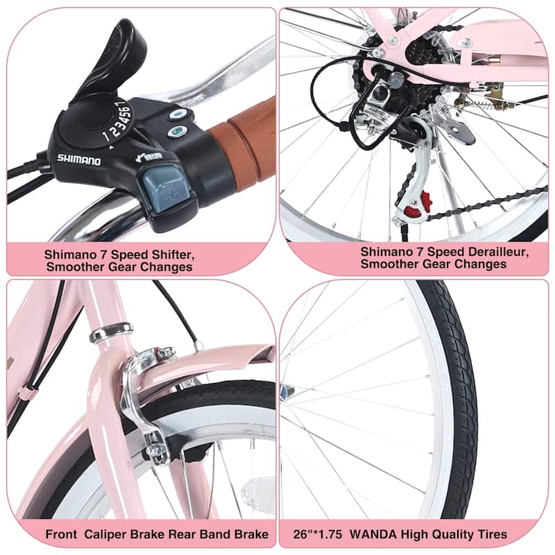 7 Speed City Bike With Basket,Steel Frame,Multiple Colors 26 Inch Girls Bicycle