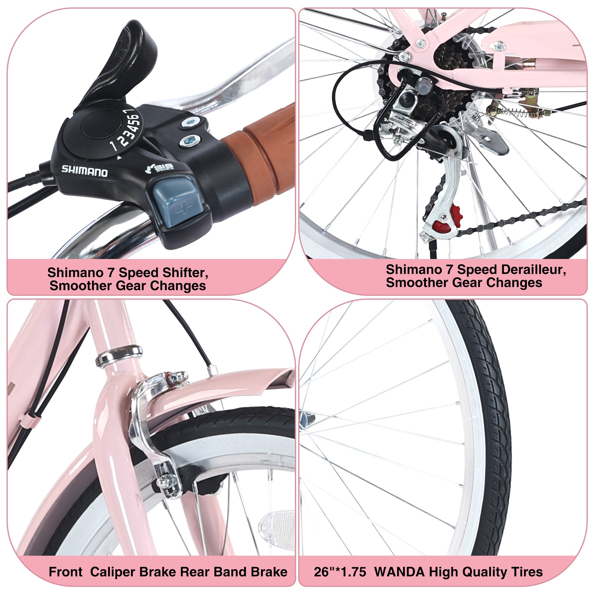 7-Speed City Bike for Women with Basket, 26 Inch Steel Frame
