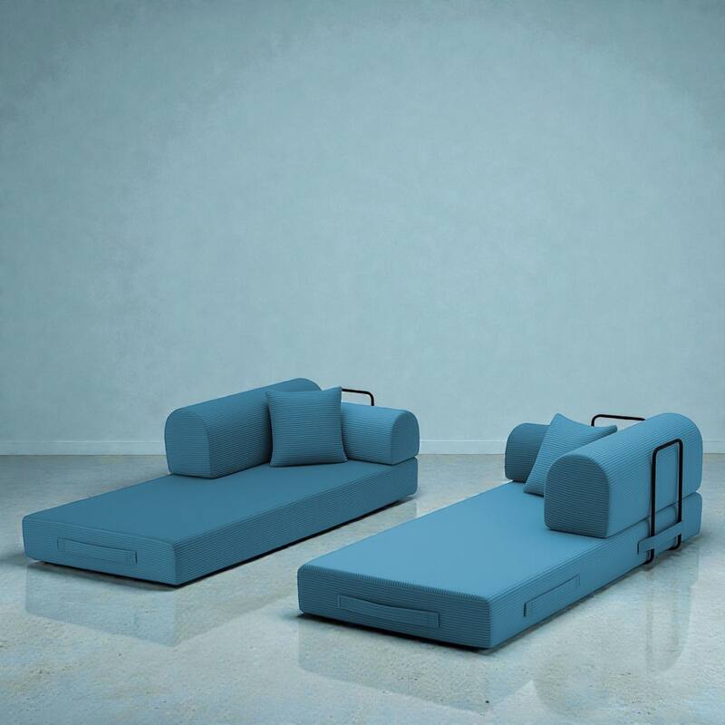 Convertible Sleeper Sofa Bed, 4-in-1 Corduroy Folding Floor Couch with Cylindrical Pillow, 2-Seat Space-Saving Lounge Sofa