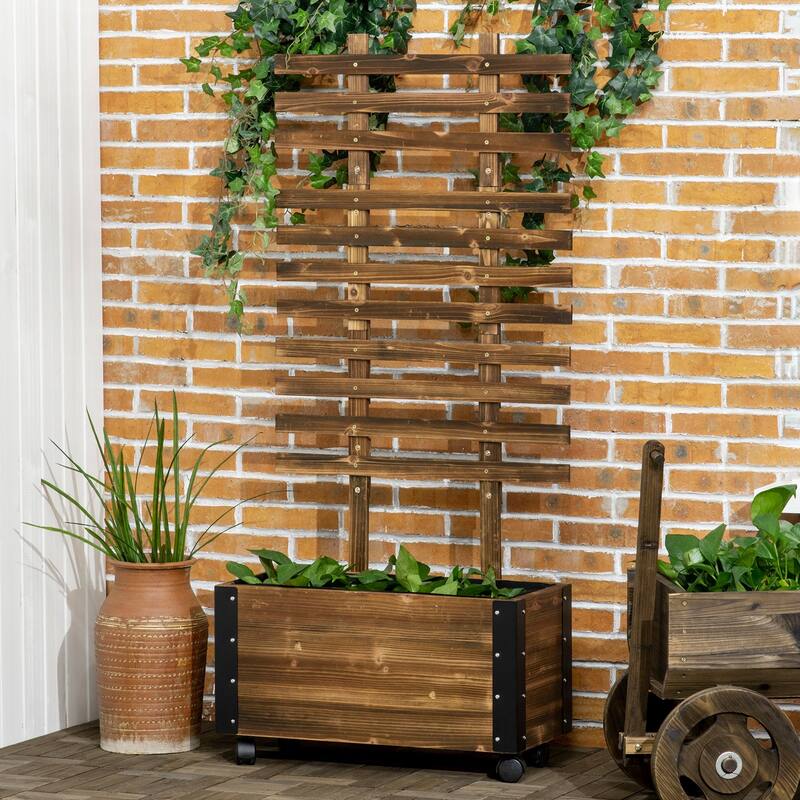 Outsunny Raised Garden Bed, Wooden Planter with Trellis and Metal Corners, Portable on Wheels, to Grow Vegetables - Carbonised