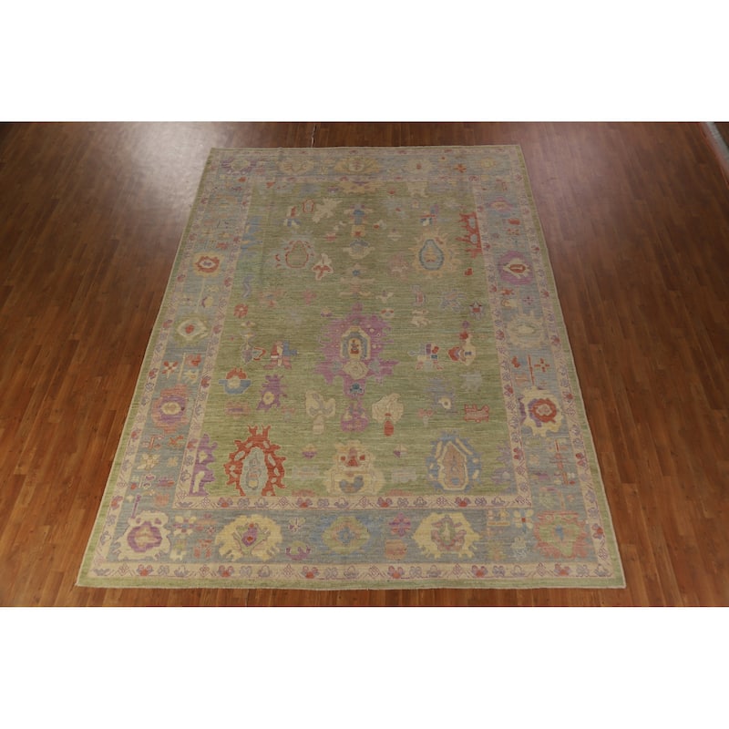 Hand Knotted Oriental 100% Wool Carpet Transitional All-Over Green Oushak Area Rug - 12' 5'' X 9' 3''