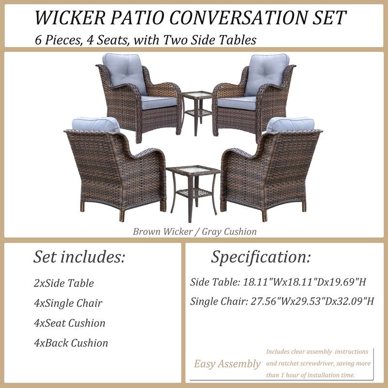 6 Piece Outdoor Wicker Rattan Patio Conversation Furniture Chairs Sets