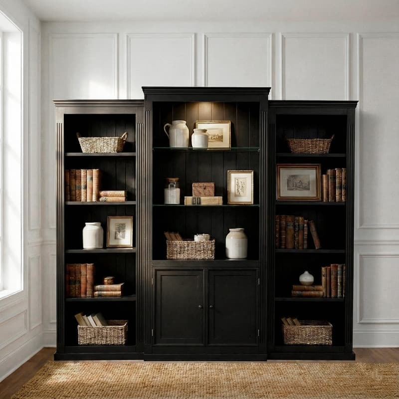 78.75" Tall 3-Piece Bookcase Set with Adjustable 5-Color LED Light, Retro Glass Display Shelves for Living Room or Office - Black