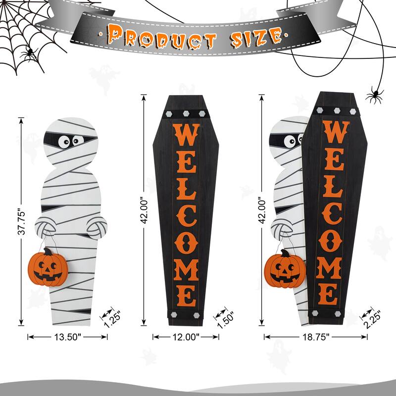 Glitzhome 38"H & 42"H Halloween Wood Mummy and Welcome Coffin Porch Decor, Two Function (S/2 or One Piece)