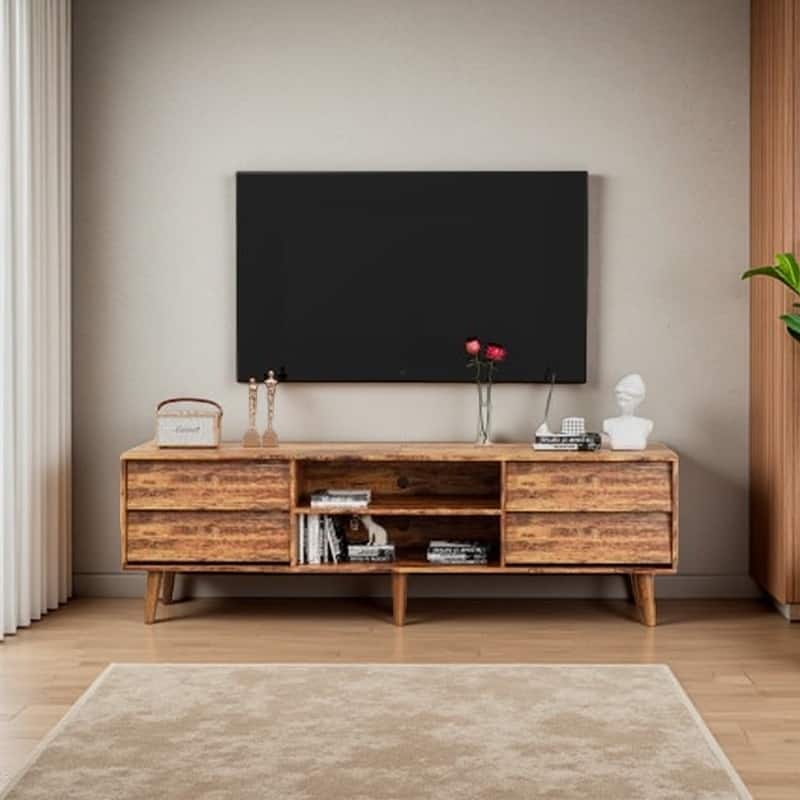 63'' TV Stand with Bevel Design, 4 Drawers and 2 Shelves, Entertainment Center for Living Room or Bedroom - Brown